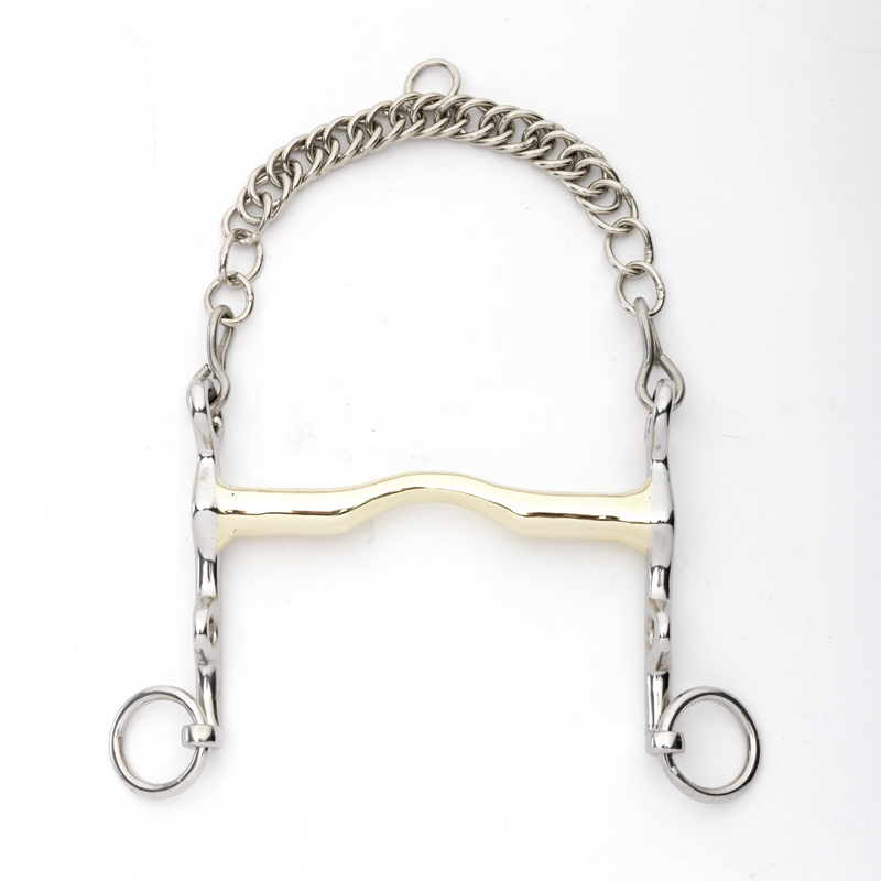 Stangengebiss silber mit goldener Stange mit Mulde für Zungenfreiheit